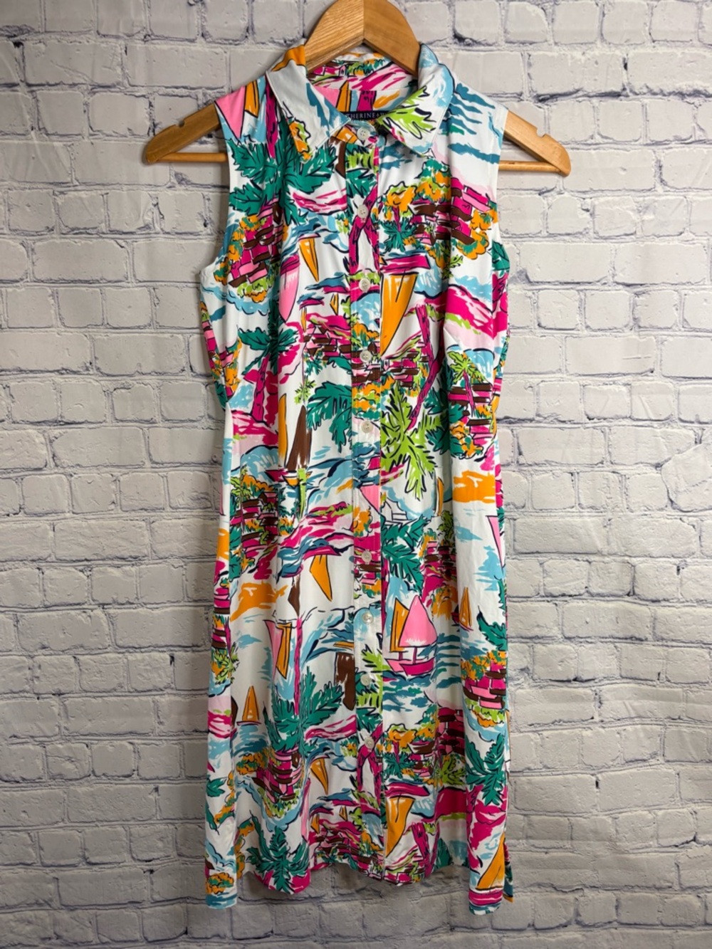 Katherine Way Pink Orange Teal Tropical Sleeveless Button Up Shirt Dress XS